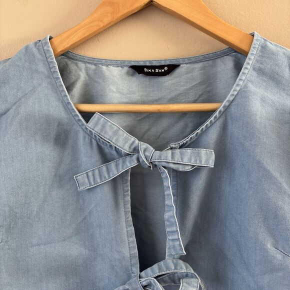 Sim & Sam Women’s Denim Puff Sleeve Tie Front Shirt Top Size Small Cute Summer - Picture 3 of 7
